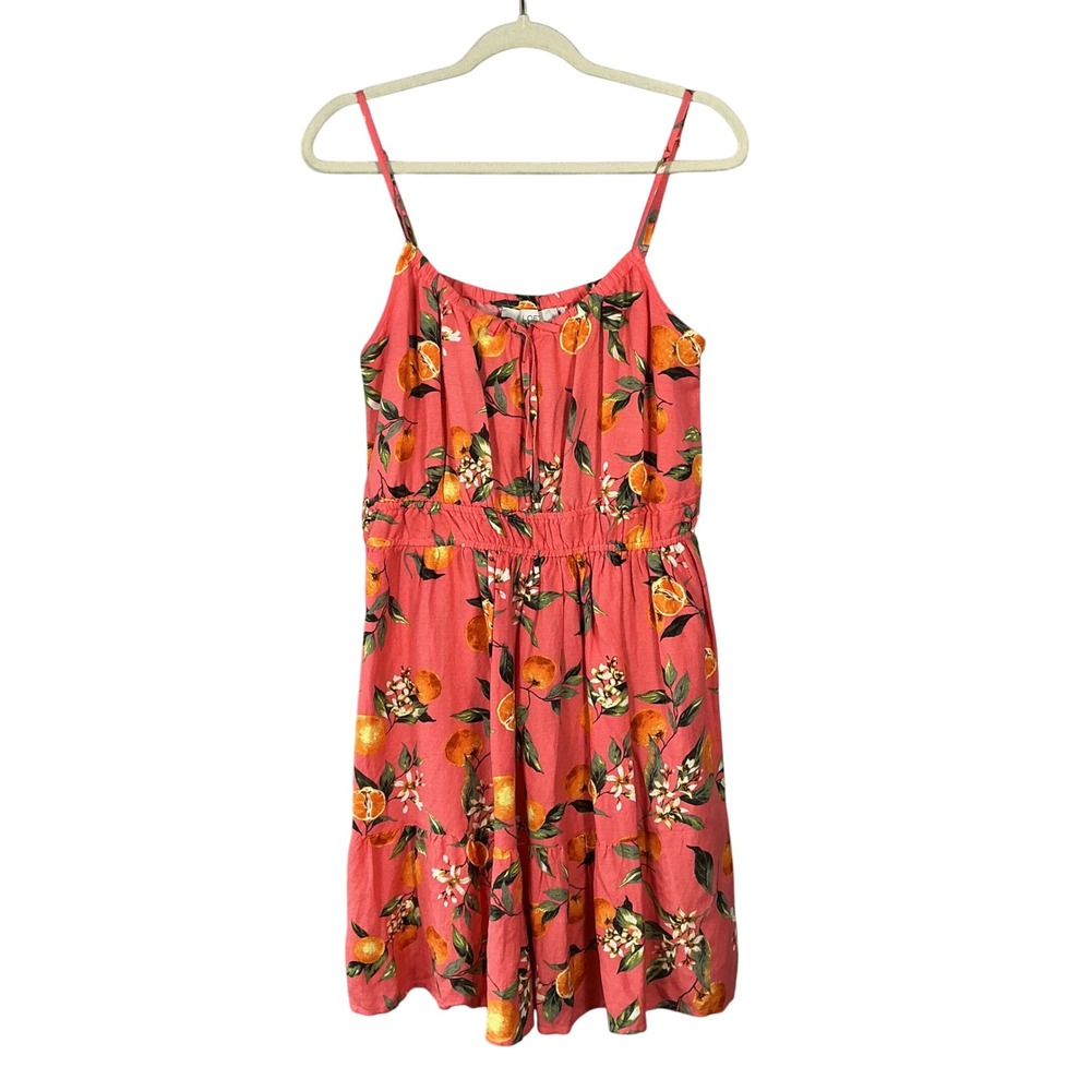 LOFT Coral Pink Citrus Orange Floral Tiered Mini Dress Large Sleeveless Summer